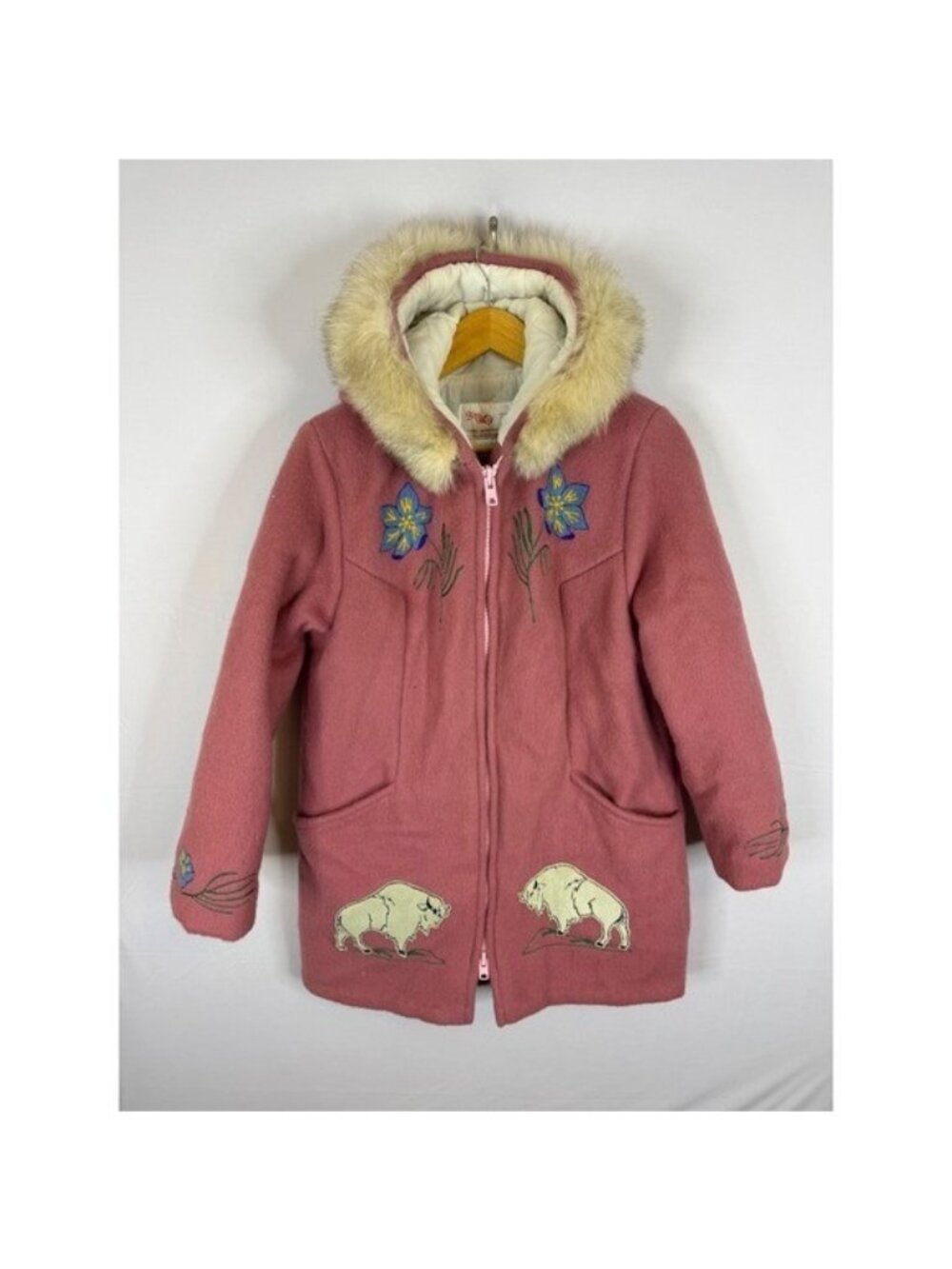 Ultra Homespun Inuit Vintage Pink Wool Parka Fur Trim M/L Buffalo Embroidery